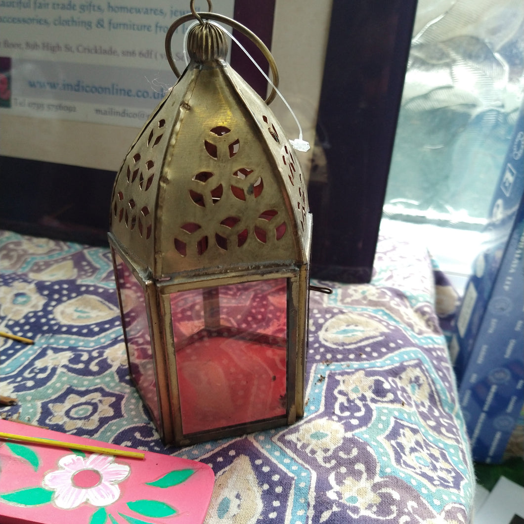 Brass pink glass lantern