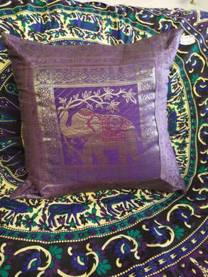 Purple and gold shiny elephant cushion cover