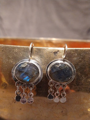 Indian silver earrings with faceted stone and droplets