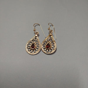 Dainty teardrop garnet stone Indian silver earrings