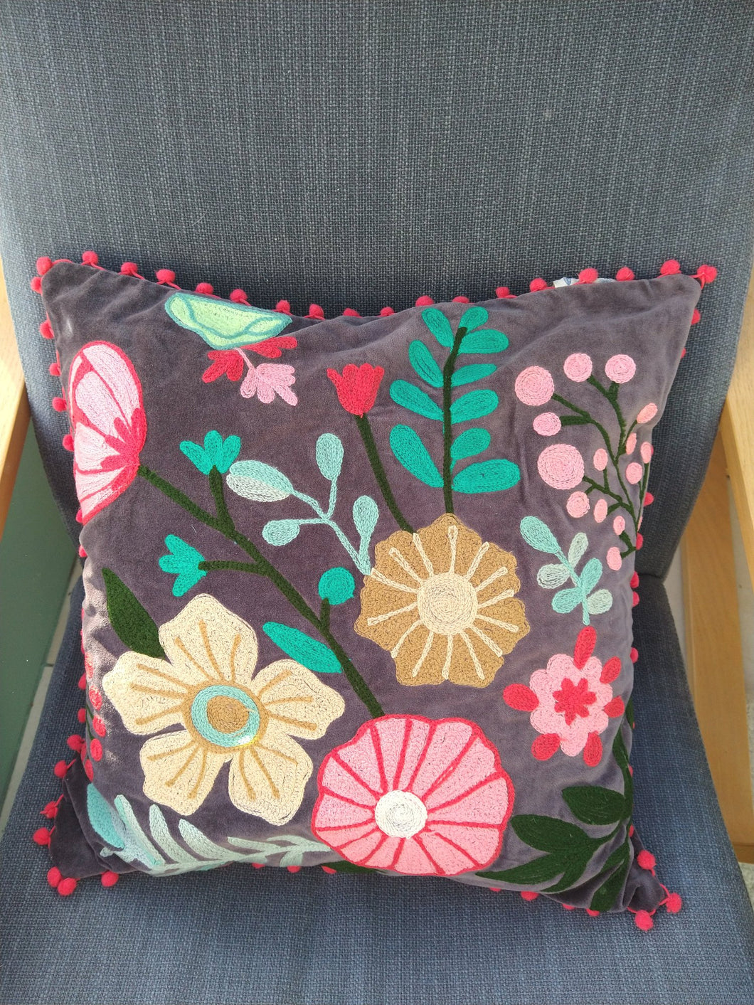 Velvet floral embroidered cushion cover