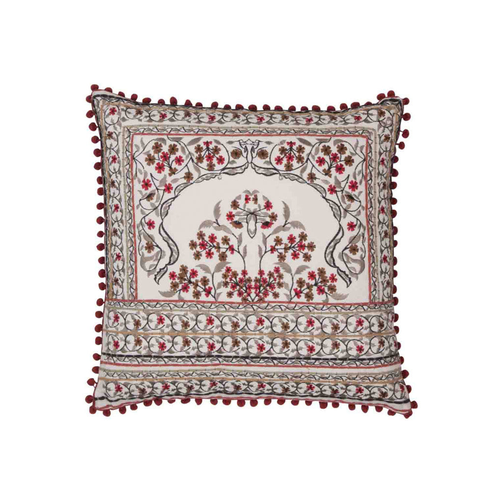 Indian cushion cover embroidered with pom poms Indico UK