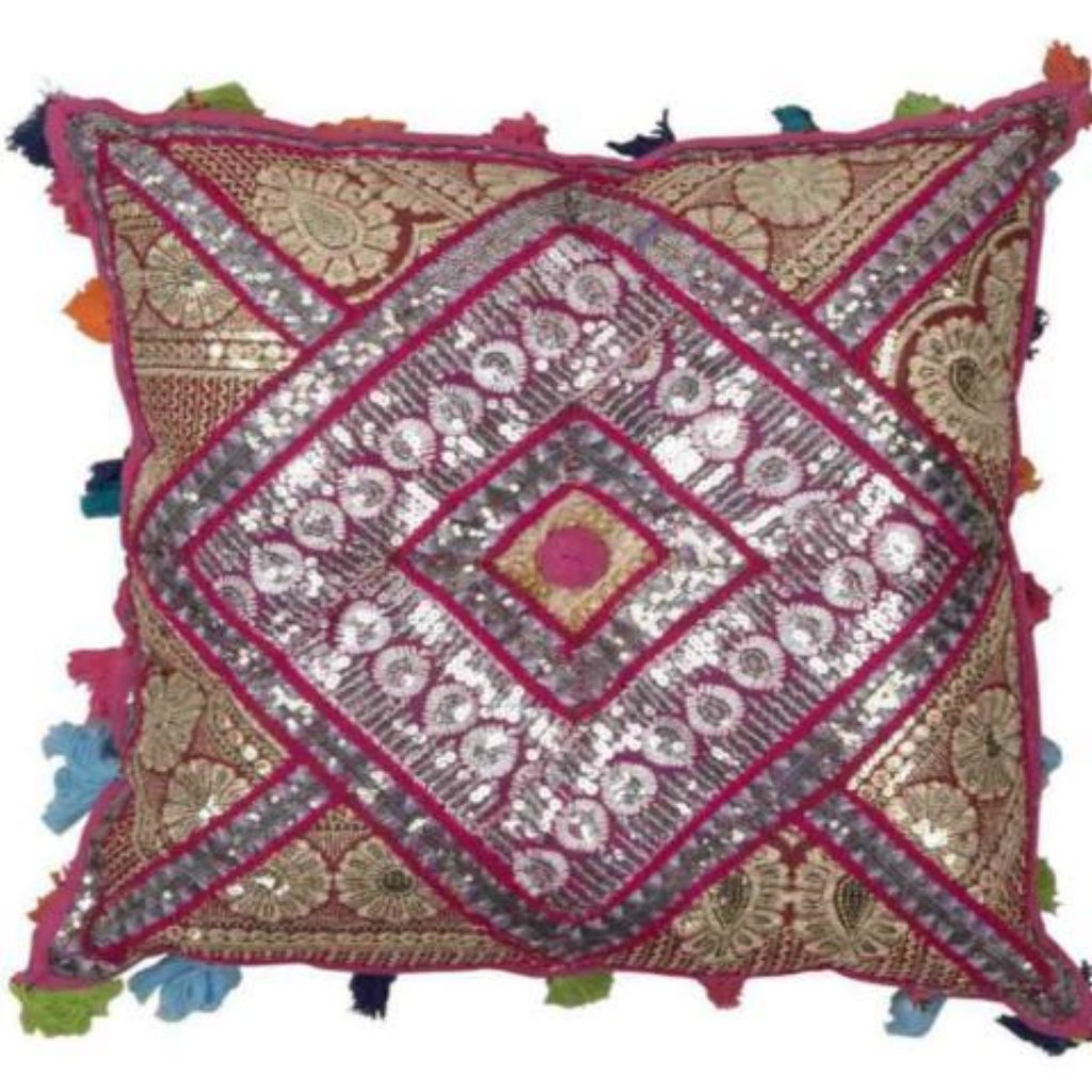 Sparkly sequinned cushion, beautifully crafted with colourful patterns and tassels.